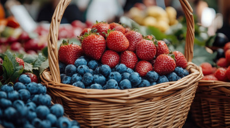 A beautiful woven basket filled with fresh strawberries and blueberries, showcasing vibrant colors and a healthy selection, perfect for summertime enjoyment.の素材