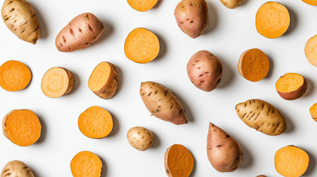 A vibrant display of whole and sliced sweet potatoes and regular potatoes on a white background, showcasing their natural colors and textures. Perfect for food-related projects.の素材