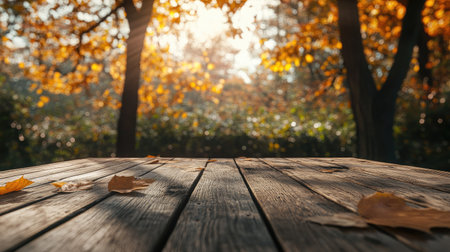 A serene autumn scene featuring fallen leaves on a rustic wooden table, bathed in warm sunlight filtering through vibrant trees in the background.の素材
