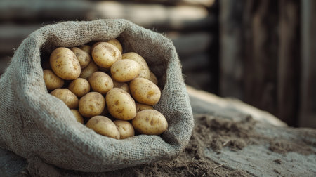 A rustic burlap sack filled with freshly harvested potatoes, showcasing the earthy tones and natural textures of farm produce, perfect for culinary themes.の素材