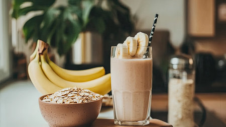 Enjoy a nutritious banana smoothie topped with sliced fruit, alongside a bowl of oats. Perfect for a healthy breakfast or refreshing snack option.の素材
