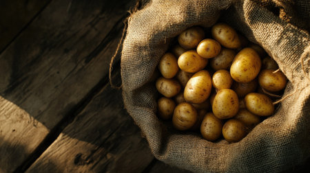 A top view of freshly harvested raw potatoes in a burlap sack resting on a weathered wooden table, showcasing a rustic and natural food theme.の素材