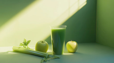 A vibrant green juice in a clear cup accompanied by fresh apples and celery. The soft lighting enhances the fresh and healthy theme, perfect for wellness.の素材
