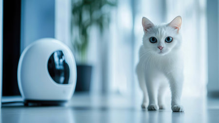 A curious white cat walks through a stylish indoor space, showcasing its beauty and elegance. The modern environment creates a serene atmosphere for pets.の素材