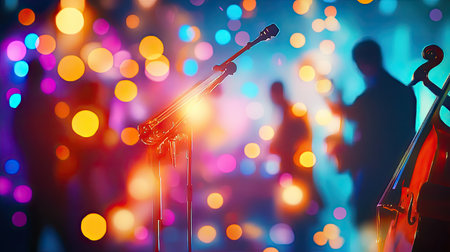 Vibrant bokeh lights create a lively backdrop for a concert, featuring a microphone and cello. Perfect for themes of music, performance, and celebration.の素材