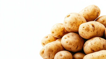 A close-up image of fresh raw potatoes stacked against a white background, showcasing their earthy texture and natural appeal for culinary uses.の素材