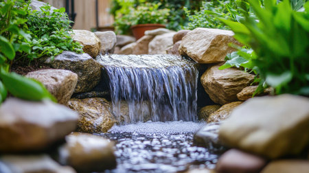 A tranquil waterfall flows gently over stones in a lush garden, creating a serene atmosphere ideal for relaxation and connecting with nature.の素材