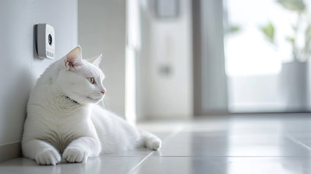 A serene white cat lounges comfortably on a tiled floor in a modern indoor space. Its peaceful demeanor and soft fur create a cozy atmosphere, inviting tranquility.の素材