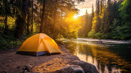 A peaceful camping scene featuring a vibrant tent by a tranquil river, surrounded by lush trees at sunset, ideal for outdoor enthusiasts and nature lovers.の素材