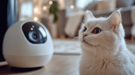 A fluffy white cat curiously observes a modern smart home device, creating a warm and cozy atmosphere in an indoor setting. Perfect for pet technology themes.の素材