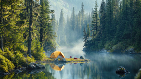 A peaceful camping scene featuring a yellow tent by a tranquil lake surrounded by lush trees and mist, perfect for outdoor adventures and nature lovers.の素材