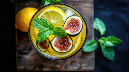 A vibrant drink featuring fresh figs, lemon slices, and mint leaves. Perfect for summer refreshment or a stylish gathering, this beverage is both delicious and visually appealing.の素材