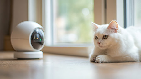 A serene scene featuring a white cat relaxing by a window next to a small device. The indoor setting showcases a cozy atmosphere filled with natural light.の素材
