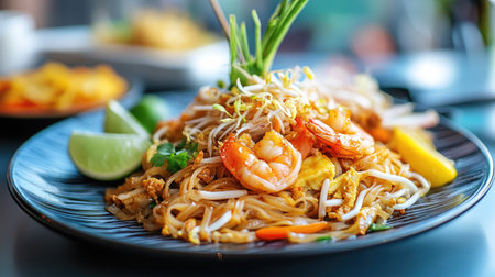 A vibrant plate of shrimp pad thai showcasing fresh ingredients, lime, and herbs garnishing the savory noodles, perfect for any meal occasion.の素材