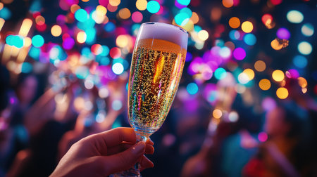 A sparkling drink in a crystal glass held up in a joyful toast. The colorful lights and festive atmosphere create a magical celebration moment, perfect for social events.の素材