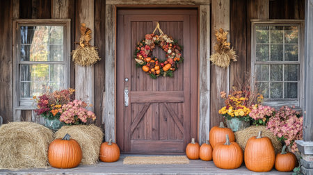 A charming autumn entrance featuring vibrant pumpkins, a floral wreath, and rustic decorations. Perfect for evoking the cozy feel of the fall season.の素材