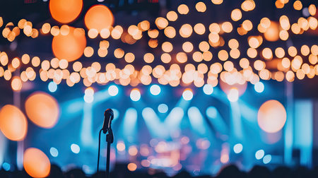 A captivating stage scene features a microphone in the foreground, surrounded by a magical display of bokeh lights. The vibrant atmosphere captures the essence of live music and celebration.の素材