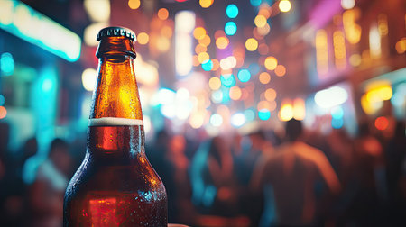 A close-up image of a beer bottle with condensation, set against a vibrant party scene illuminated by colorful lights. Perfect for themes of leisure and celebration.の素材