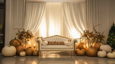 Beautiful autumn decor featuring a vintage sofa surrounded by elegant pumpkins and floral arrangements, perfect for a cozy festive atmosphere.の素材