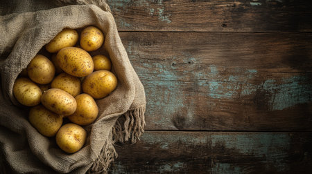 A rustic scene featuring fresh potatoes in a burlap sack atop weathered wooden planks. Ideal for food, agriculture, or kitchen-related themes.の素材