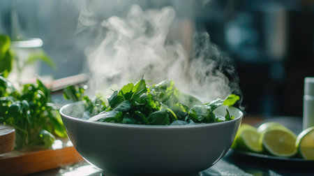 A steaming bowl of fresh herbs captures the essence of culinary art in a vibrant kitchen setting, showcasing the beauty of healthy cooking.の素材