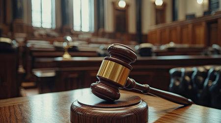 A detailed view of a wooden gavel resting on a judge's desk in a courtroom. This image symbolizes justice and authority. The rich textures and warm lighting enhance the legal atmosphere.の素材