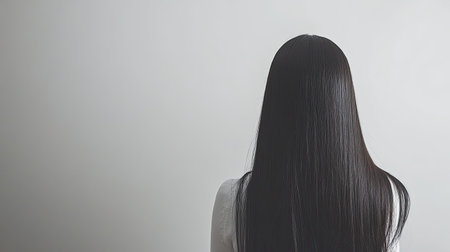 A woman is seen from the back, carefully straightening her long hair. The soft lighting and neutral background provide a serene atmosphere ideal for beauty and grooming themes.の素材