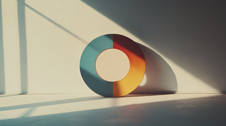 A striking circular art installation featuring vibrant colors with soft shadows and light, creating a modern and minimalistic aesthetic in a spacious interior.の素材