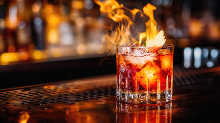A vibrant cocktail ignites with flames, showcasing a blend of ice and amber liquid. Perfect for bar scenes, nightlife, and festive occasions.の素材