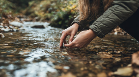 A person gently reaches into a clear stream, connecting with nature. The scene captures calmness and serenity, with flowing water and autumn leaves.の素材