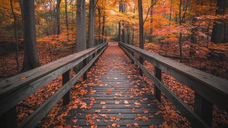 Explore a serene autumn pathway lined with vibrant trees and fallen leaves, inviting you to experience nature's stunning seasonal transformation.の素材