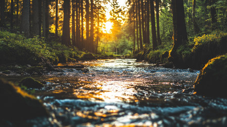 A serene stream flows gently through a sunlit forest, surrounded by lush greenery. The tranquil scene captures the beauty of nature, perfect for relaxation and inspiration.の素材