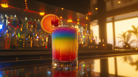 A vibrant rainbow cocktail garnished with cherry and orange creates a stunning visual in a stylish bar setting during sunset, perfect for celebrations.の素材