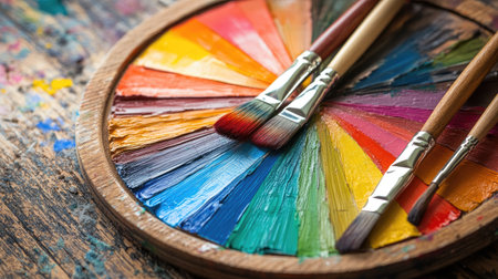 A vibrant array of paint colors on a wooden palette, paired with brushes, showcases the beauty of artistic creativity and color mixing, perfect for any art-related project.の素材