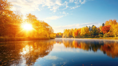 A stunning autumn scene featuring a calm lake reflecting vibrant fall colors and sunlight. Perfect for illustrating nature's beauty and tranquility.の素材