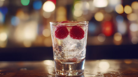 A vibrant cocktail with raspberries sits atop ice in a stylish glass. The blurred background creates a lively atmosphere, perfect for parties or celebrations.の素材