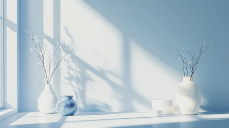 A serene minimalist interior featuring vases in soft colors. Sunlight casts gentle shadows, creating a tranquil atmosphere perfect for modern decor.の素材