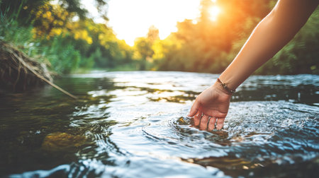 A close-up of a hand gently touching the cool river water as the sun sets. This serene image evokes feelings of tranquility and connection with nature.の素材