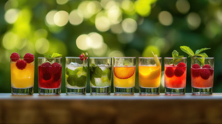 A vibrant display of assorted cocktails featuring fruits, mint, and ice on a wooden table. Perfect for summer gatherings or festive occasions.の素材