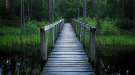 Explore a serene wooden bridge surrounded by lush greenery and calm water, creating a peaceful and inviting atmosphere for nature enthusiasts.の素材
