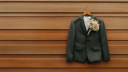A stylish groom's suit adorned with a floral boutonniere hangs elegantly against a wooden backdrop, showcasing sophistication and charm for special occasions.の素材