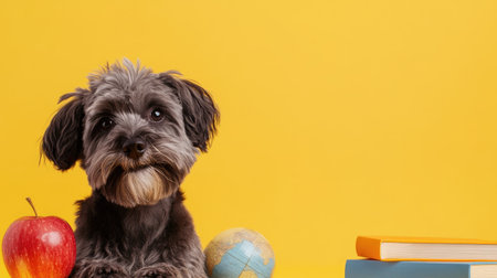 A cute dog poses with an apple and a globe, showcasing a playful and curious nature against a vibrant yellow backdrop, perfect for pet lovers.の素材