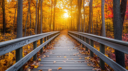 A peaceful wooden pathway through a vibrant autumn forest, illuminated by warm sunlight. Perfect for themes of nature, serenity, and adventure.の素材