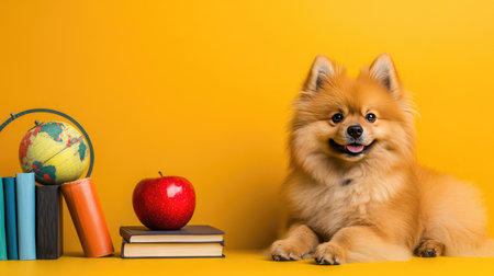 A cheerful Pomeranian sits beside books and an apple against a bright yellow background, capturing a delightful blend of education and companionship.の素材