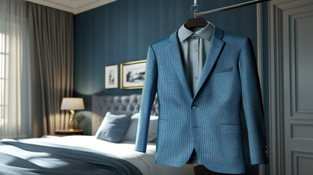 A stylish blue suit displayed in a chic bedroom, featuring elegant decor and modern design elements, perfect for showcasing fashion in a serene environment.の素材