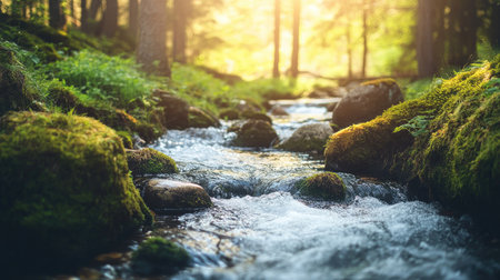A tranquil forest stream flows gently over mossy rocks, illuminated by soft sunlight filtering through the trees, creating a serene and peaceful atmosphere.の素材