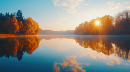 Experience a tranquil autumn morning with a stunning sunrise reflecting off a calm lake, surrounded by colorful trees and a serene sky.の素材