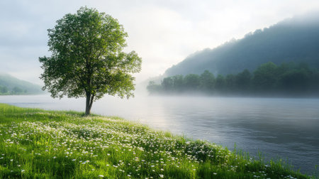 A picturesque scene featuring a solitary tree beside a calm river, surrounded by blooming flowers and soft morning fog. Ideal for nature lovers.の素材