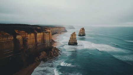 A breathtaking view of majestic cliffs alongside the ocean, with dramatic rock formations emerging from the waves under a cloudy sky. Perfect for travel and nature photography.の素材