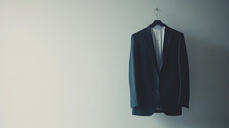 A stylish dark suit hanging on a minimalist wall, perfect for showcasing fashion and elegance in various business and formal contexts.の素材